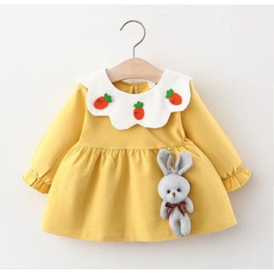 DTK 04 - Dress bayi lengan panjang/baju dress anak /pakaian bayi anak perempuan aksesories tas boneka kelinci