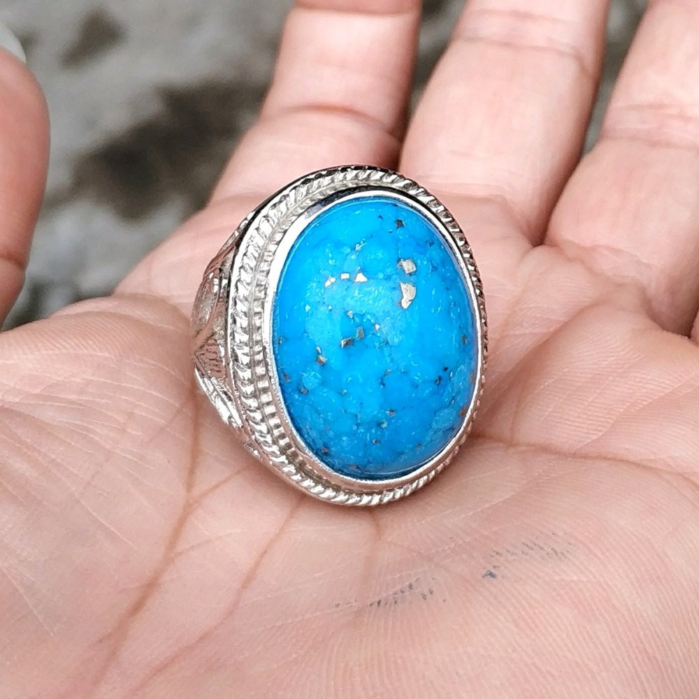 NATURAL CINCIN BATU AKIK PIRUS BIRU XIN JIANG TURQUOISE SERAT EMAS