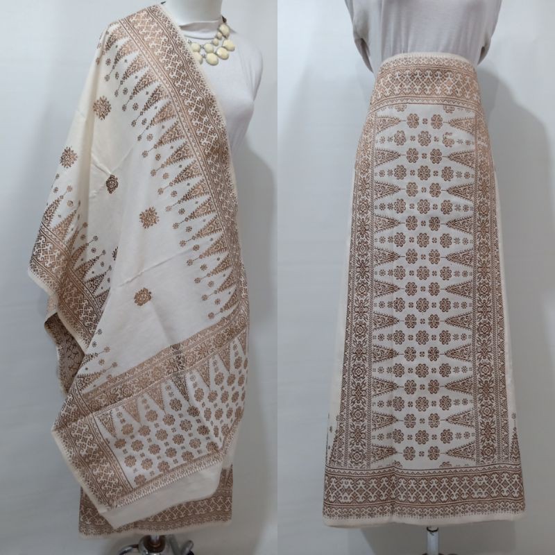 Songket Palembang Asli Motif Cantik Manis Sutera Gebeng Warna Putih Krem Tembaga