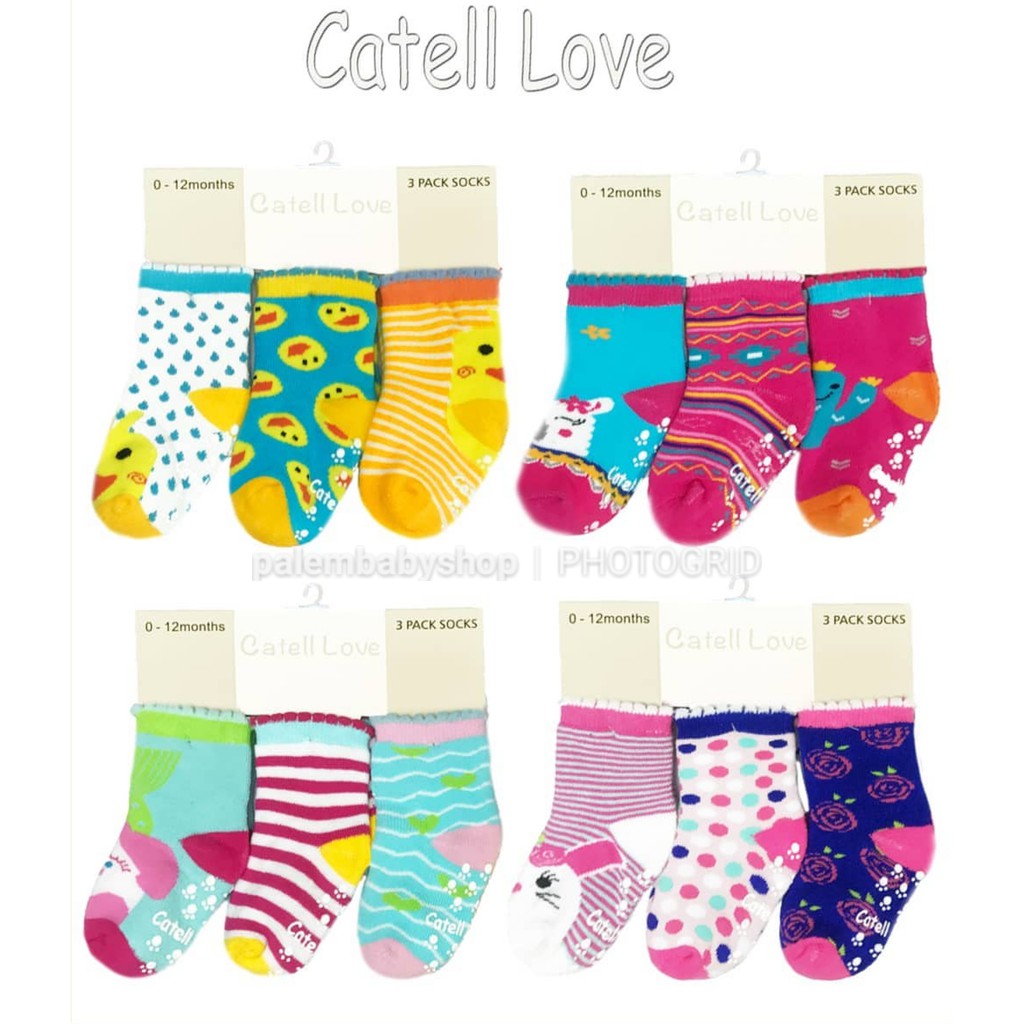 kaos kaki bayi boy&amp;girl anti selip tebal catell love 0-12 bulan 3pcs 114711