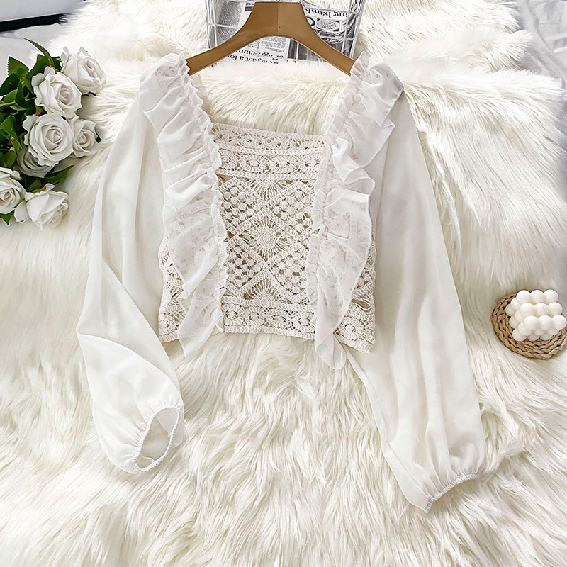 【COD√】#004 Kemeja Wanita Model Hollow Dan Ruffle Lengan Puff Dengan Kerah Persegi-4