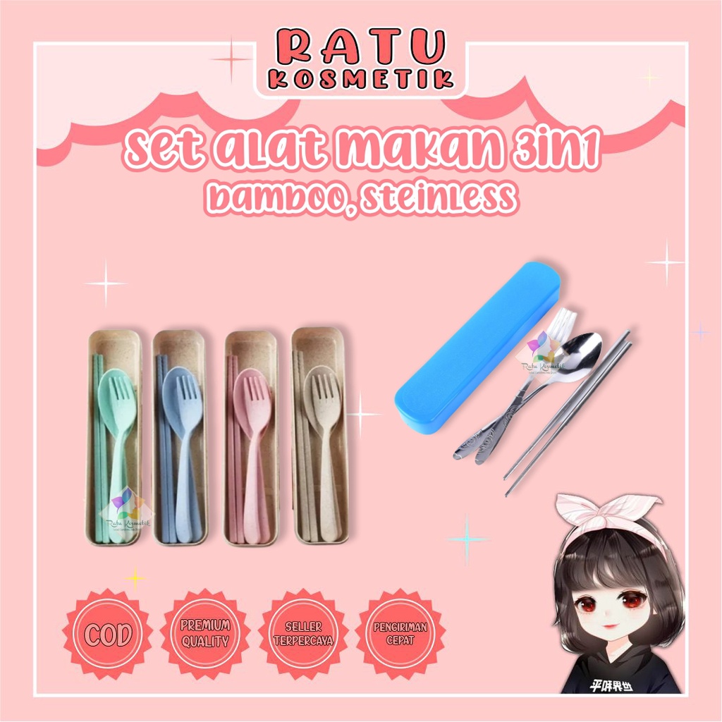 ❤ RATU ❤ Sendok Garpu Set Bahan Stainless Steel Sendok Alat Makan Travel Portable