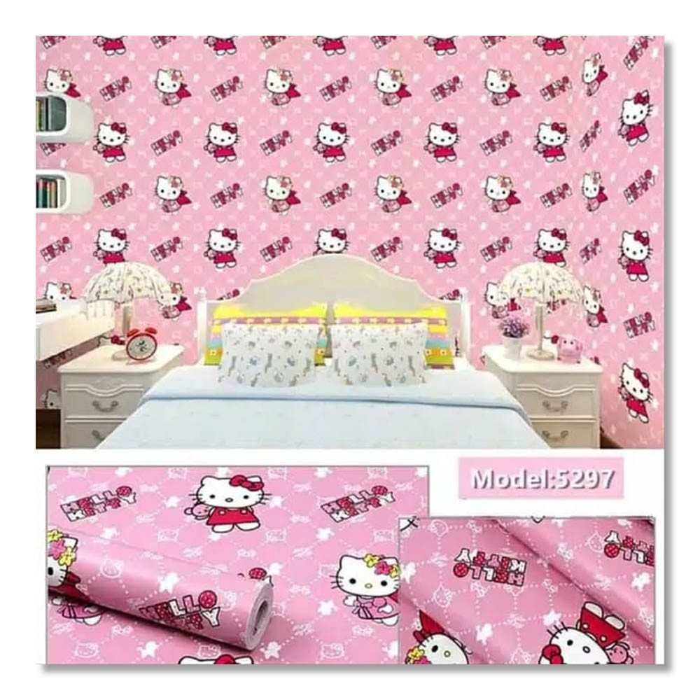 (COD) Gudang Wallpaper Sticker  Dinding kamar Anti Air Murah Dan Terbaik Motif Hello Kitty Pita Bahan PVC Premium (SUDAH ADA LEM)