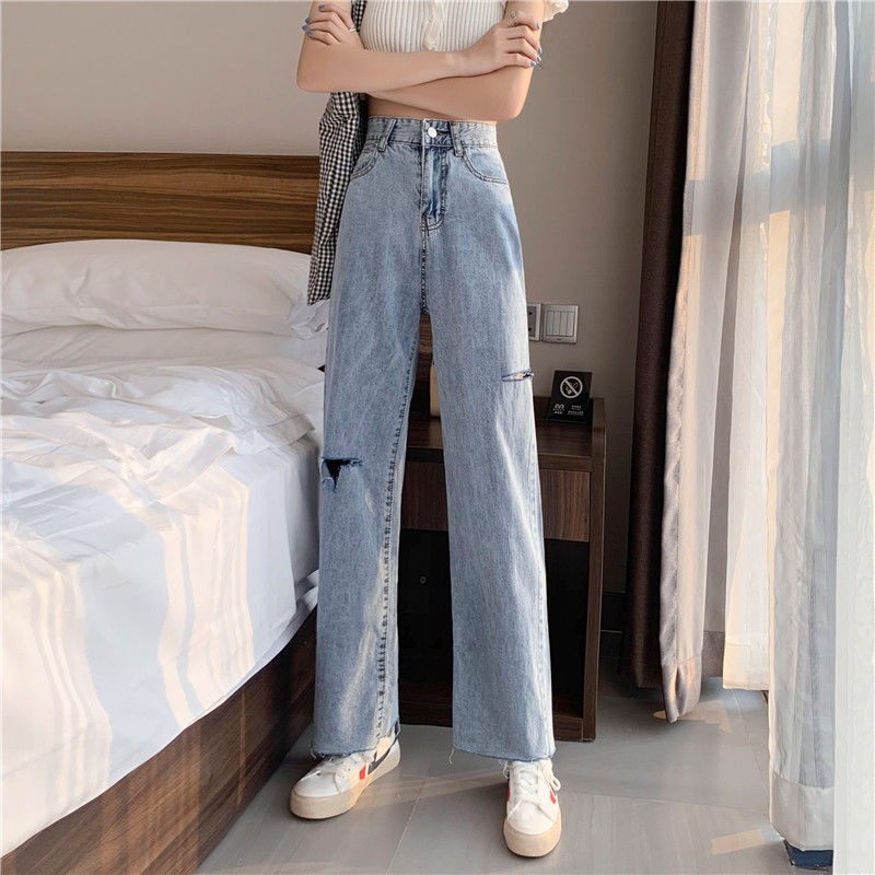 Ripped Jeans wanita loose celana korea style retro straight pants high waist