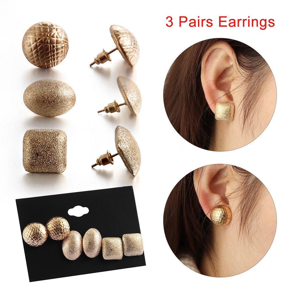 Nanas 3pasang/Set Scrub Gold Anting Charm Fashion Logam Bulat Oval