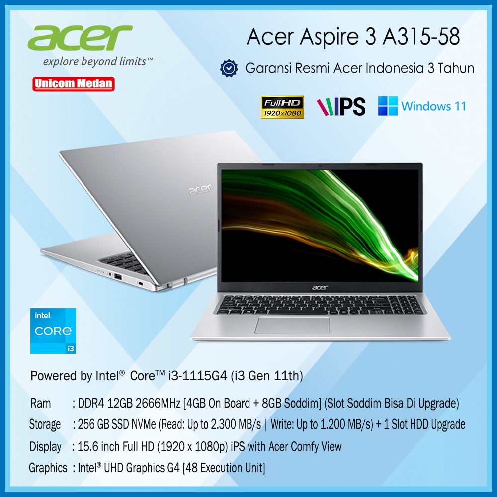 Acer Aspire 3 A315-58- i3-1115G4| DDR4 12GB| SSD 256GB| 15,6&quot; FHD IPS