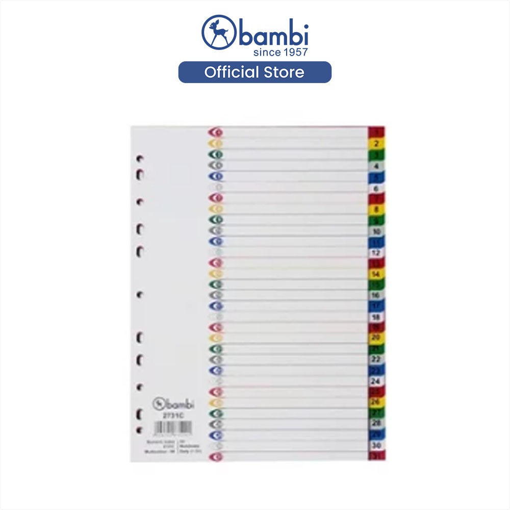 

Bambi Isi Binder A4 Divider & Indexes Pembatas Kertas Binder Edisi Numeric Index 1-31 (Daily) with Multiholes Colour Rigid PVC Original