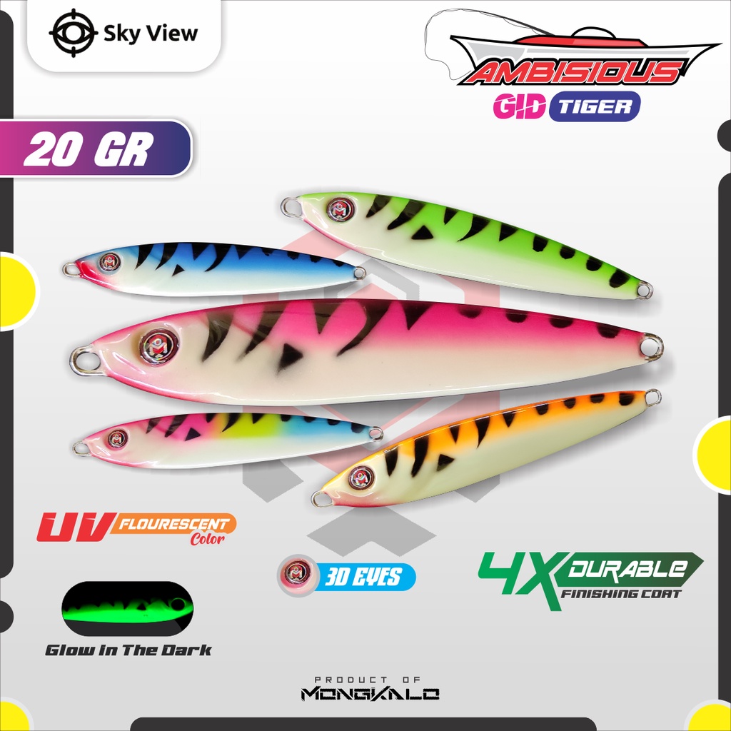 Metal Jig 20 Gram Mongkalo Ambisious Tiger GID UV Flourescent Fosfor Umpan Metal Jig 20g Micro Jig 2
