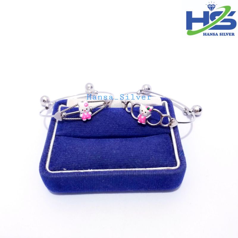 Gelang Perak Anak Bayi Silver Asli 925 Lapis Emas Putih Model Bangle Besot Hello Kitty