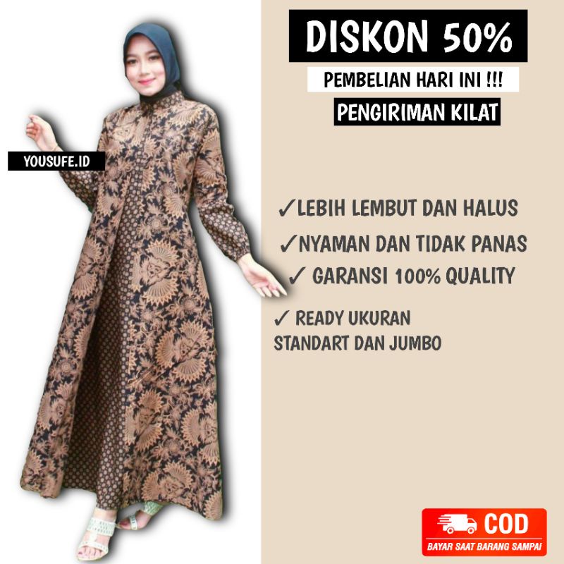 Gamis Batik Busui Lengan Panjang Muslimah Model Cardy Menyatu Cocok Seragam Pernikahan Keluarga Lebaran Tidak mudah Kusut Tidak Luntur Tidak Panas Nyaman Tebal Katun Cod Shopee Murah Diskon Besar Yousufe Kode GK06