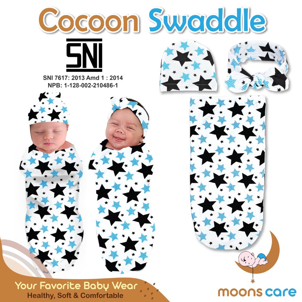 SNI DITA MOONSCARE (1 LAPIS BEDONG COCOON) Bedong Cocoon Motif DITA Swaddle 1 lapis motif Bonus bandana dan Topi