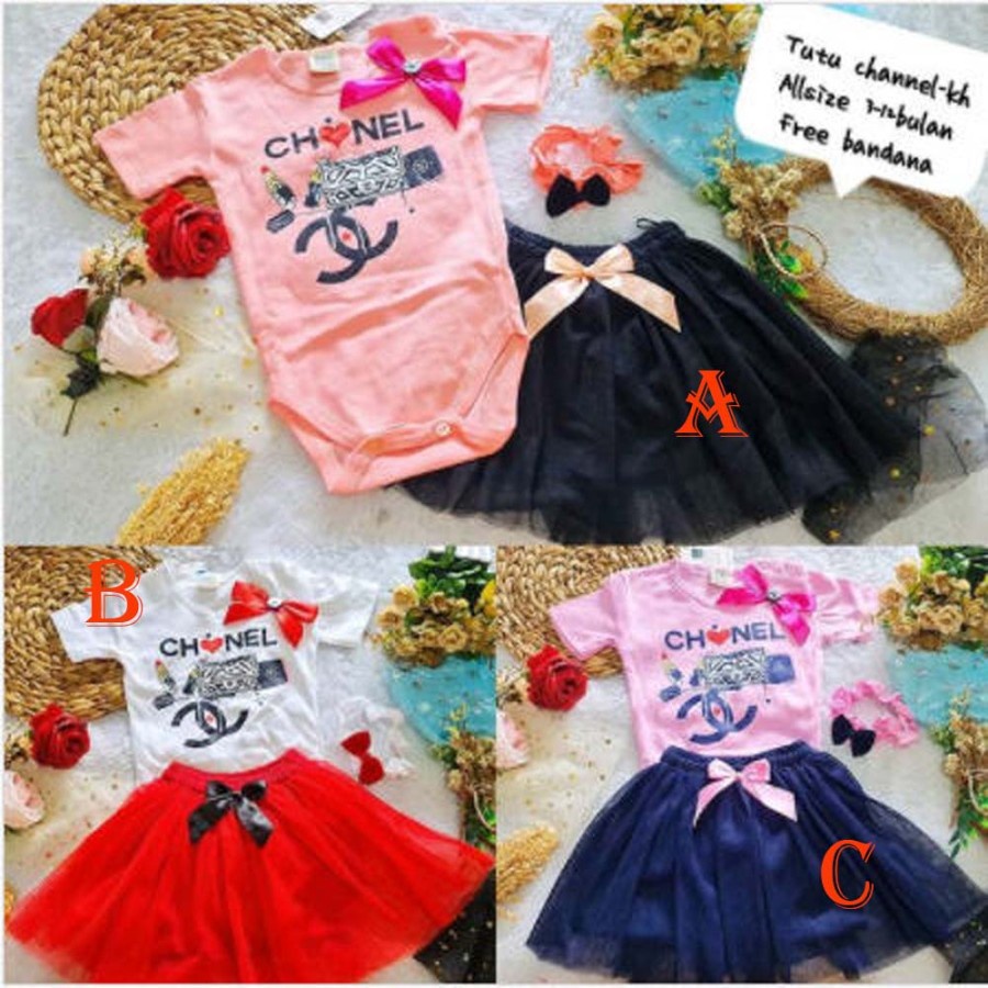 Baju Anak Bayi Perempuan Set Jumper Rok Bonus Bandana Chanel .