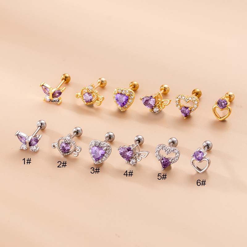 1pc Anting Tindik Tulang Rawan Telinga Desain Kupukupuhati Hias Zircon Ungu 20 Gage