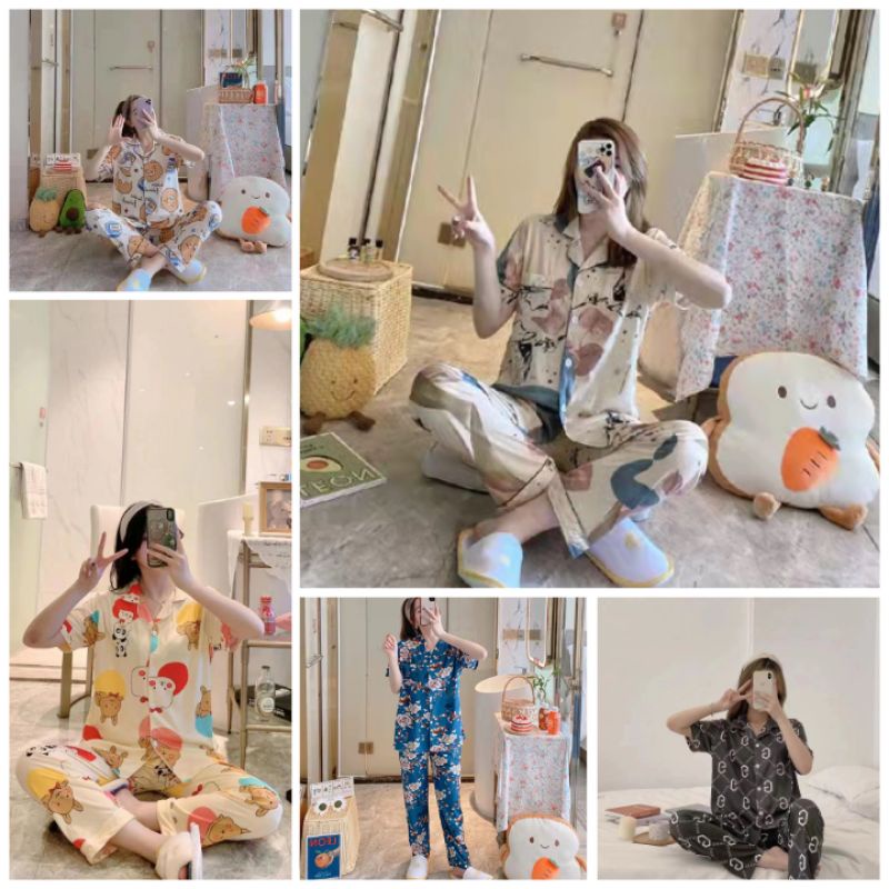 PIYAMA WANITA KERAH LENGAN PENDEK PIYAMA KOREA