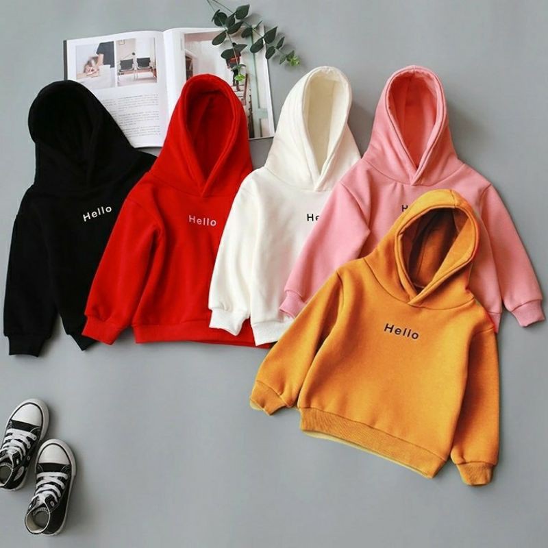 [BC] Sweater Hoodie Anak HELLO Sweater Fleece Baju Anak Kekinian Murah Unisex jaket anak