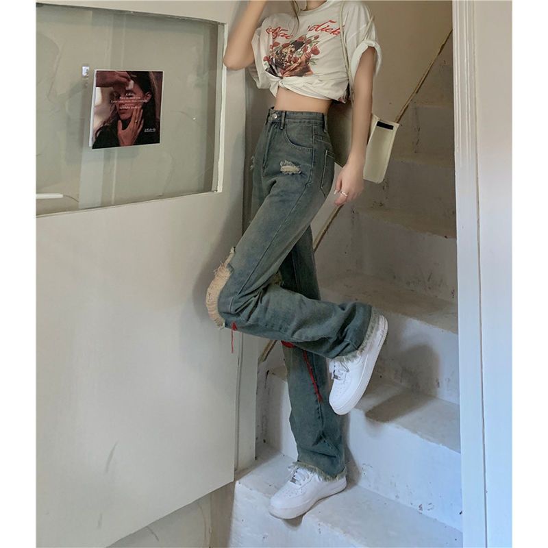 Red wanita new old wash hole hip-hop jeans women s brand high street women s spring and summer loose straight retro pants