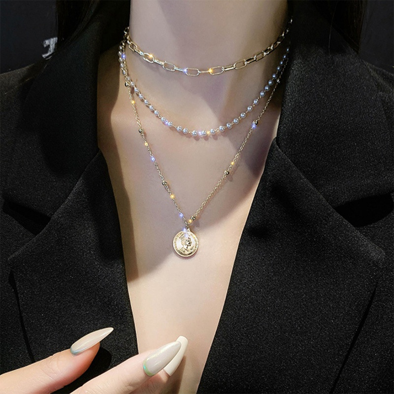 Multilayer Elegant Gold Necklace Pearl Fashion Pendant Portrait Chain Women Jewelry Accessories