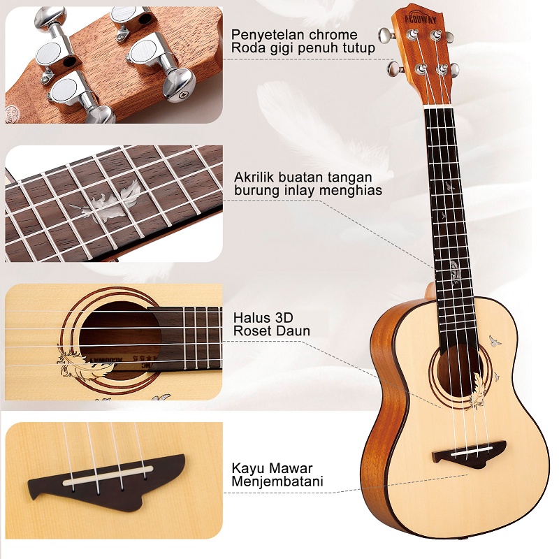 Ukulele Concerto 24 inch ukulele spruc top mohangy body ORIGINAL Acouway KUALITAS BAGUS  Import