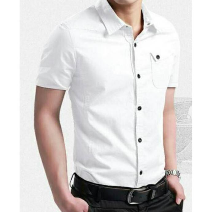 terlaris HEM MESSI KEMEJA PRIA LENGAN PENDEK BAJU KEMEJA COWO COWOK POLOS SLIM - Putih, XS