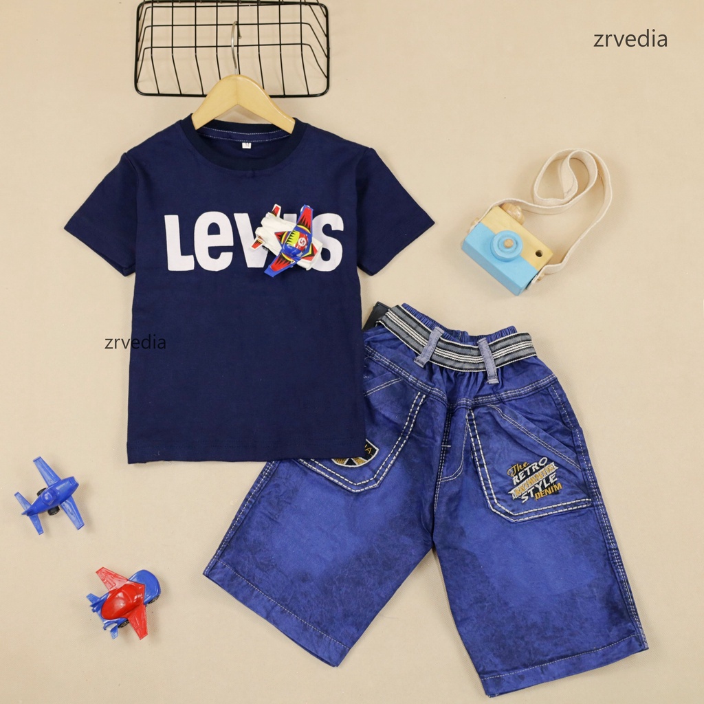 Setelan Vino uk 1-6 Tahun / Set Lengan Pendek Celana Jeans Anak Laki-Laki Set Oblong Distro Kantong Kiosbalitaaprillia