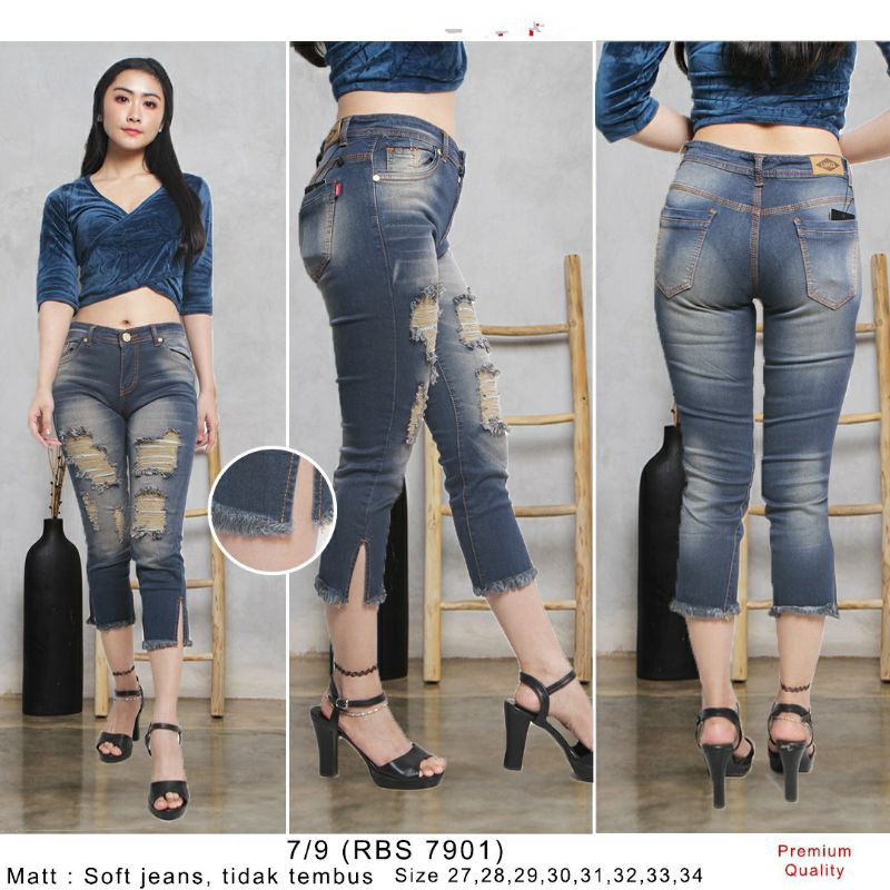 CEWE CELANA 7PER9 JEANS WANITA SOBEK LAPISAN 7901 JUMBO