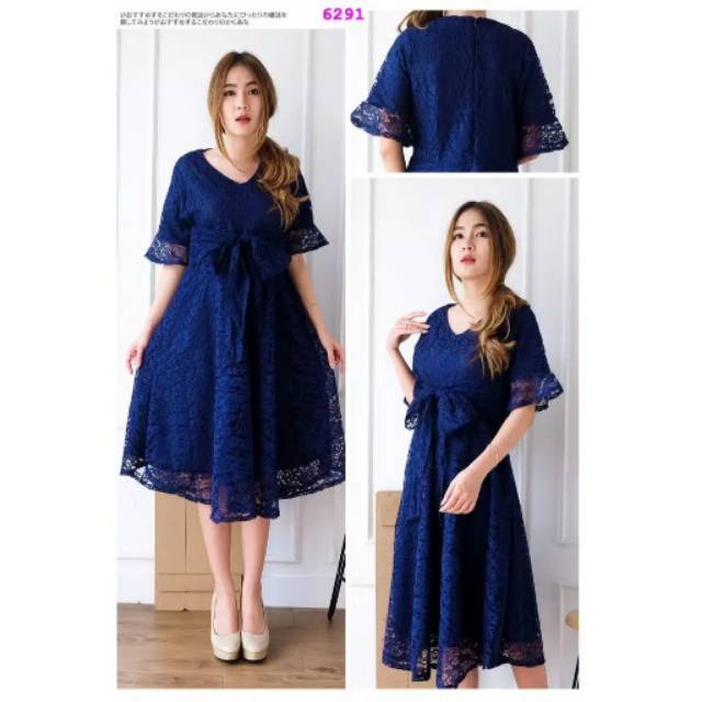 YESSIE(Ukuran L, XL) Dress Pesta Full Brukat Timbul Premium Cocok Buat Natal