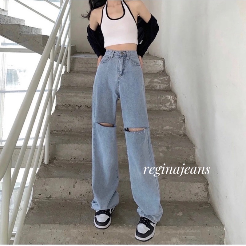 KAREA jeans - kulot boyfriend snow blue custom ripped knee celana boyfriend lebar bawah sobek lutut