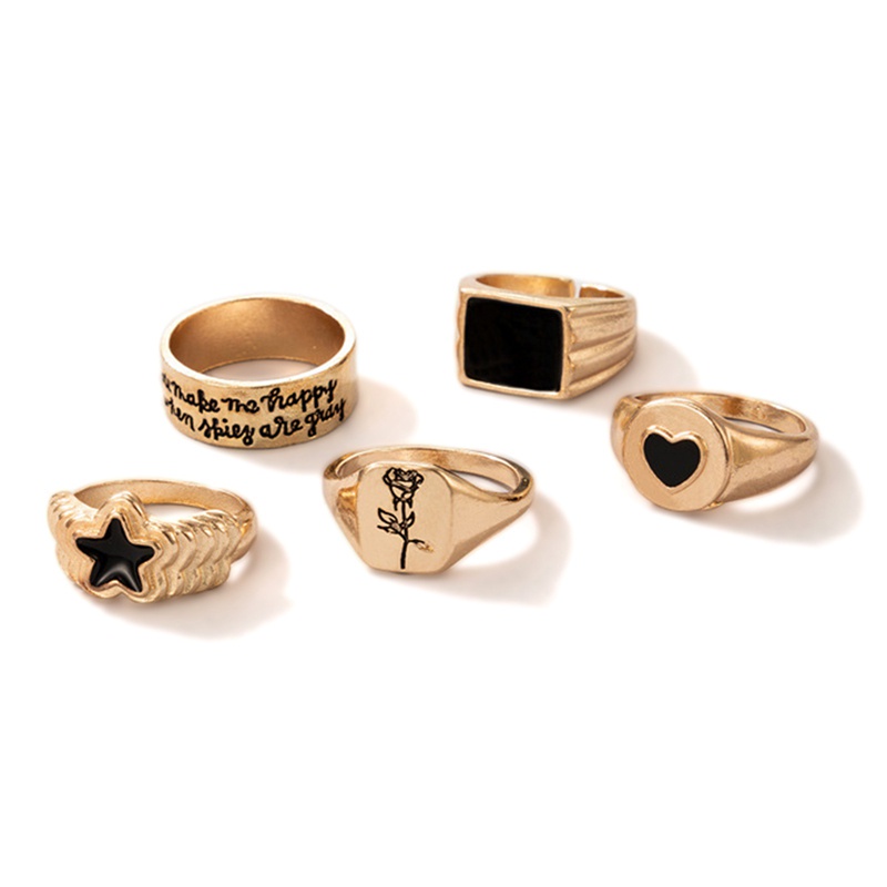 Fancyqube 5pcs / Set Cincin Rantai Emas Geometris Gaya Hip Hop Punk Untuk Wanita