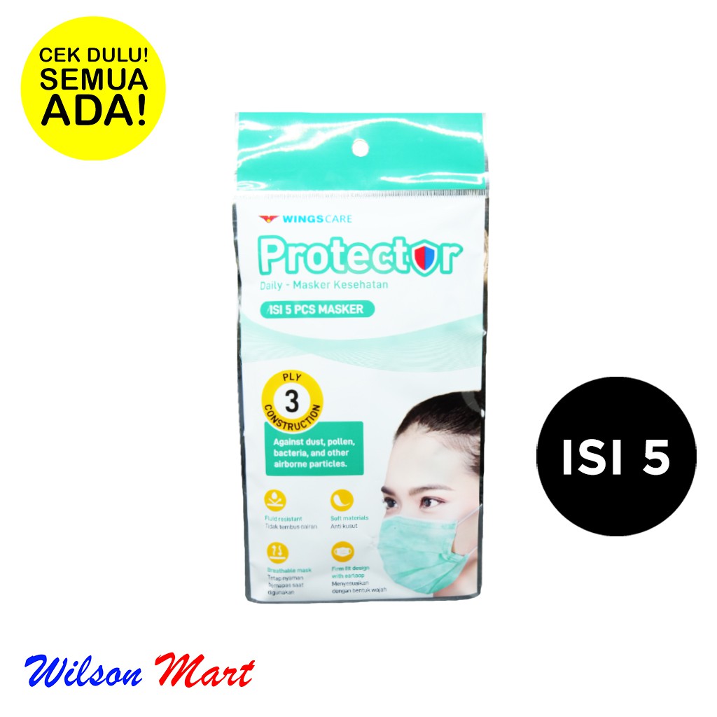 WINGS CARE PROTECTOR DAILY 3 PLY MASKER MEDIS KESEHATAN ISI 5 PCS