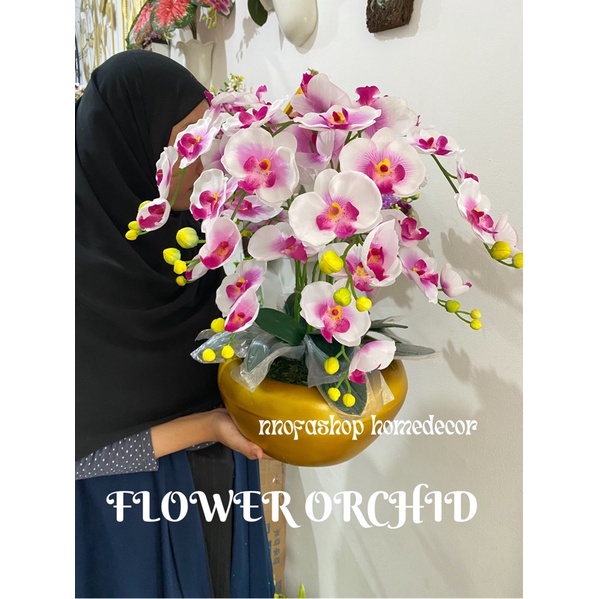 BUNGA ANGGREK KAIN CABANG 12 VAS GOLD/ RANGKAIAN BUNGA ANGGREK KAIN