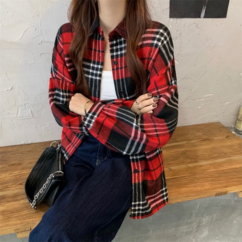 AJWShop Kemeja Flanel Wanita Lengan Balon Oversize Import Tebal Premium | Atasan Kemeja Wanita Jumbo Import Bahan Tebal | Kimberly Kemeja Flanel Import Premium | Kemeja Planel Wanita-TEBAL Red