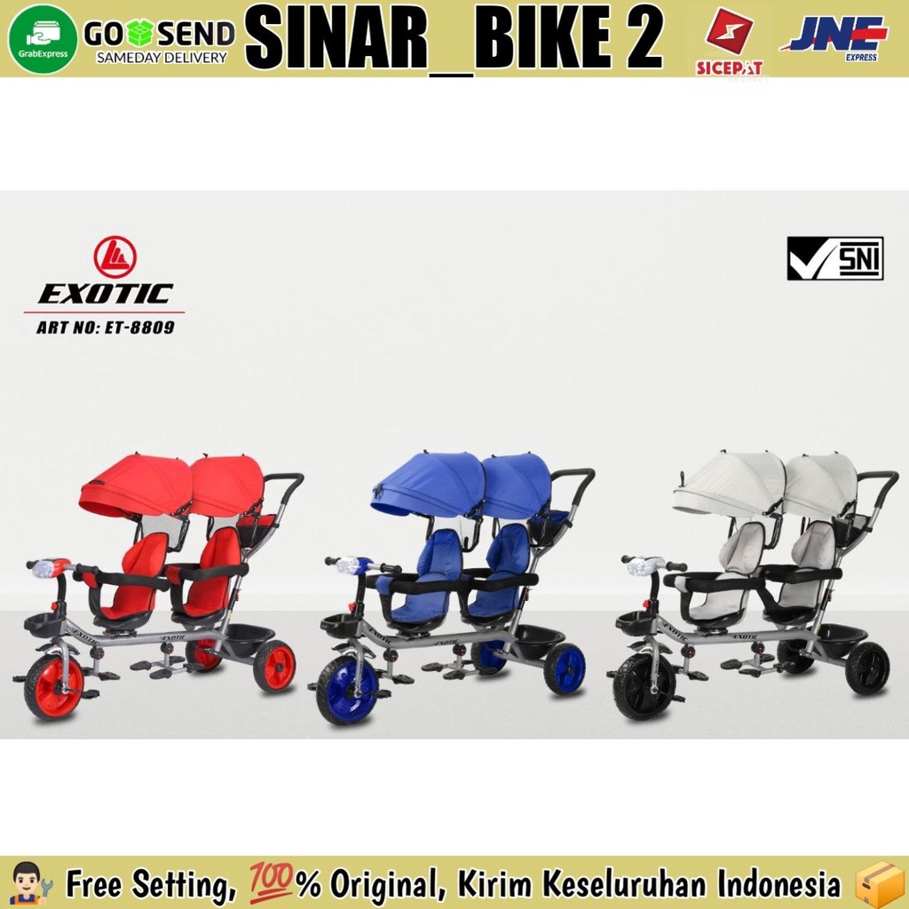 Sepeda Roga 3 Tiga EXOTIC ET-8809 TWINS Kembar Boncengan Kursi Putar Tricycle Stroller Anak