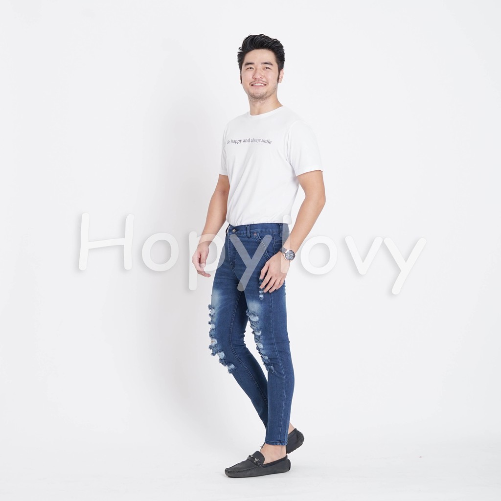 HOPYLOVY - Celana Jeans Panjang Pria Skinny Ripped Sobek Geijan