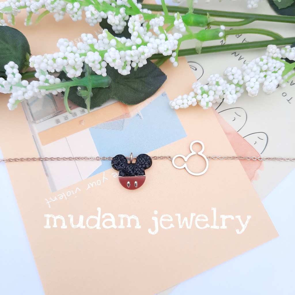 Gelang Rantai Titanium Model Mickey Hitam Merah Tersedia Warna Rose Gold dan Gold