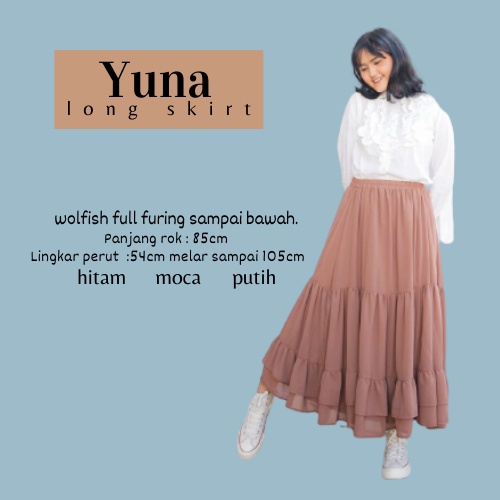 Yuna Skirt  rok wanita rempel Bahan Wolfis Premium Mix Full Furing Lingkar Pinggang 54-10 CM / Maxi 