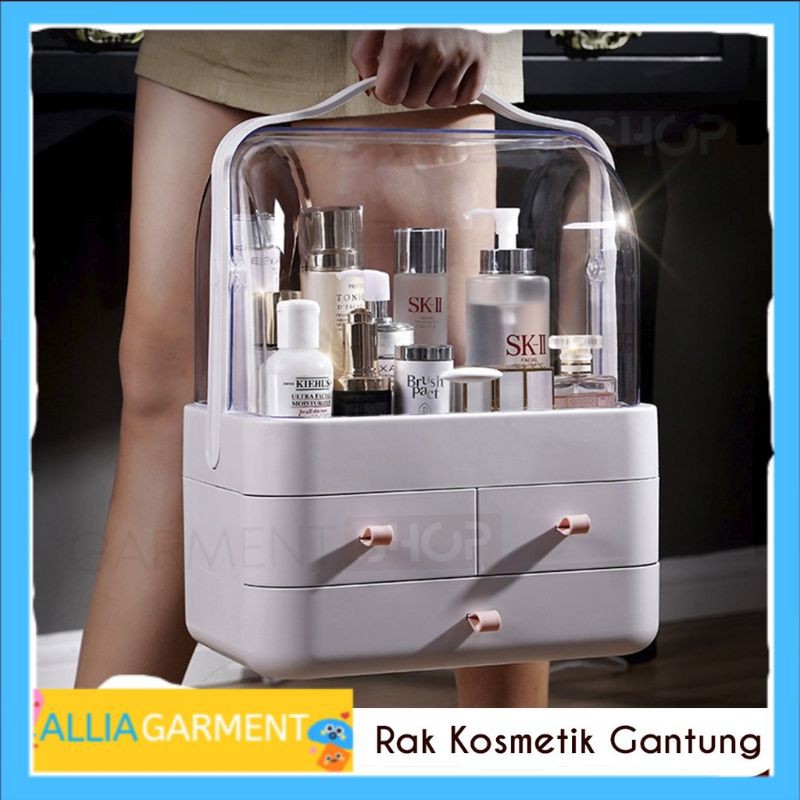 Rak Kosmetik Jinjing Kotak Make Up Koper Box Storage Organizer Penutup Kaca Akrilik Anti Debu