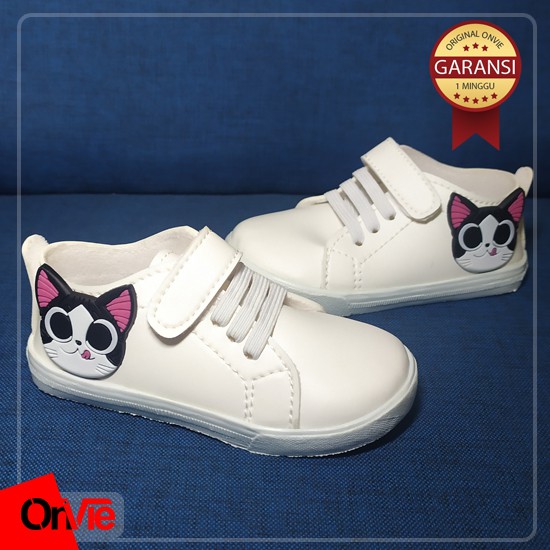 Sepatu Sneaker Anak Perempuan Hitam Putih Motif Meow Karet 3D | Sepatu Kids Wanita Onvie