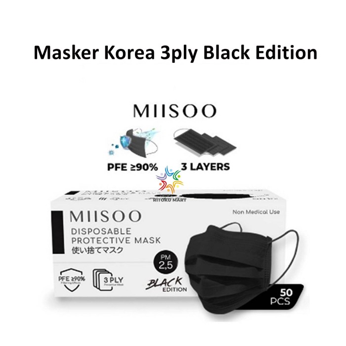Masker MIISOO 3ply HITAM 50pcs - DISPOSABLE MASK MIISOO BLACK EDITION masker korea