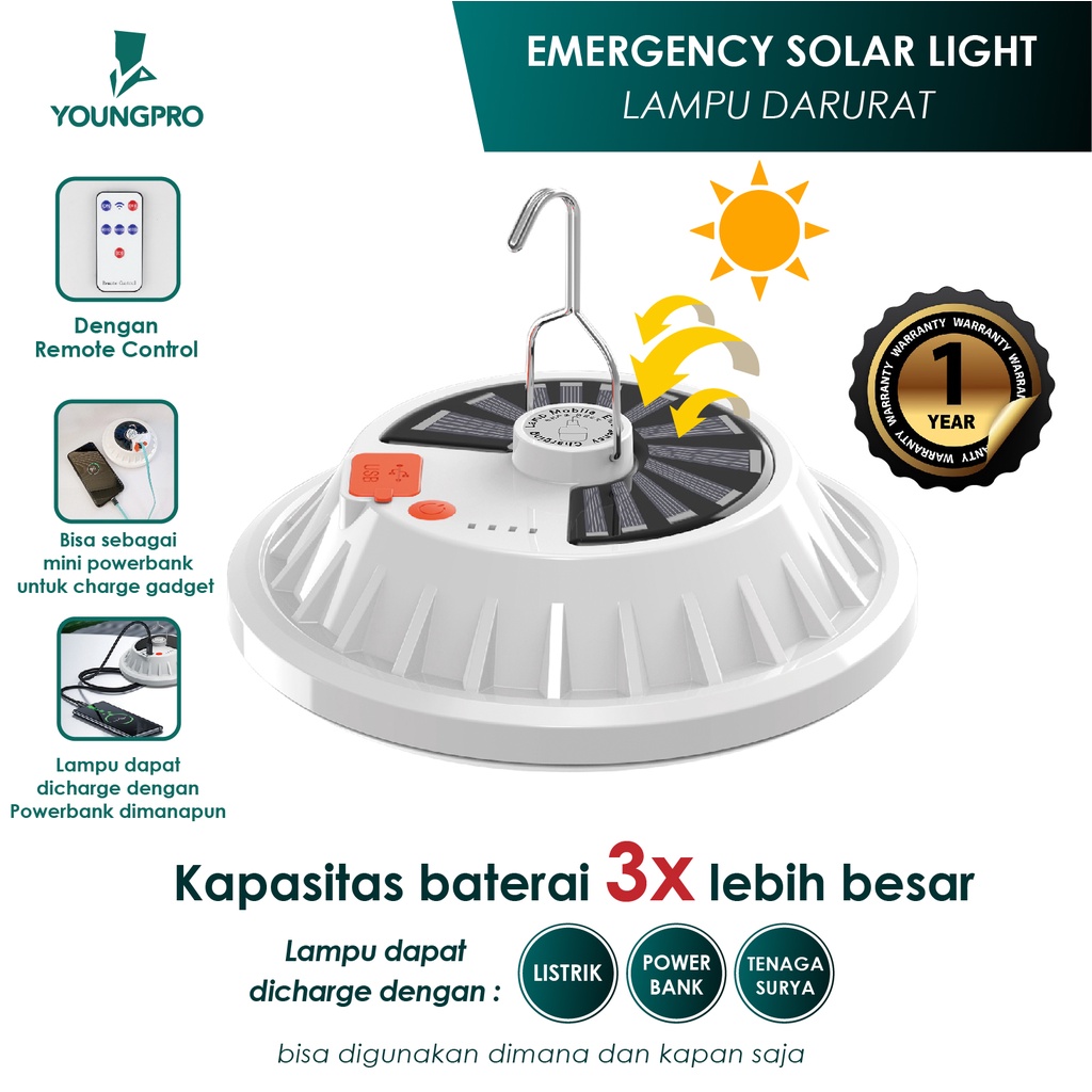 YOUNGPRO YPV-120 LAMPU TAMAN SOLAR GANTUNG 120 LED WITH EMERGENCY LIGHT POWERBANK 3600mAh