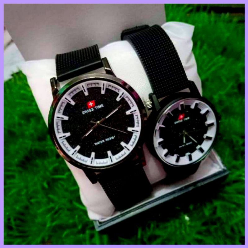 Jam tangan couplean Swiss time cewek cowok / unisex tali ruber free box batree cadangan by zellshop