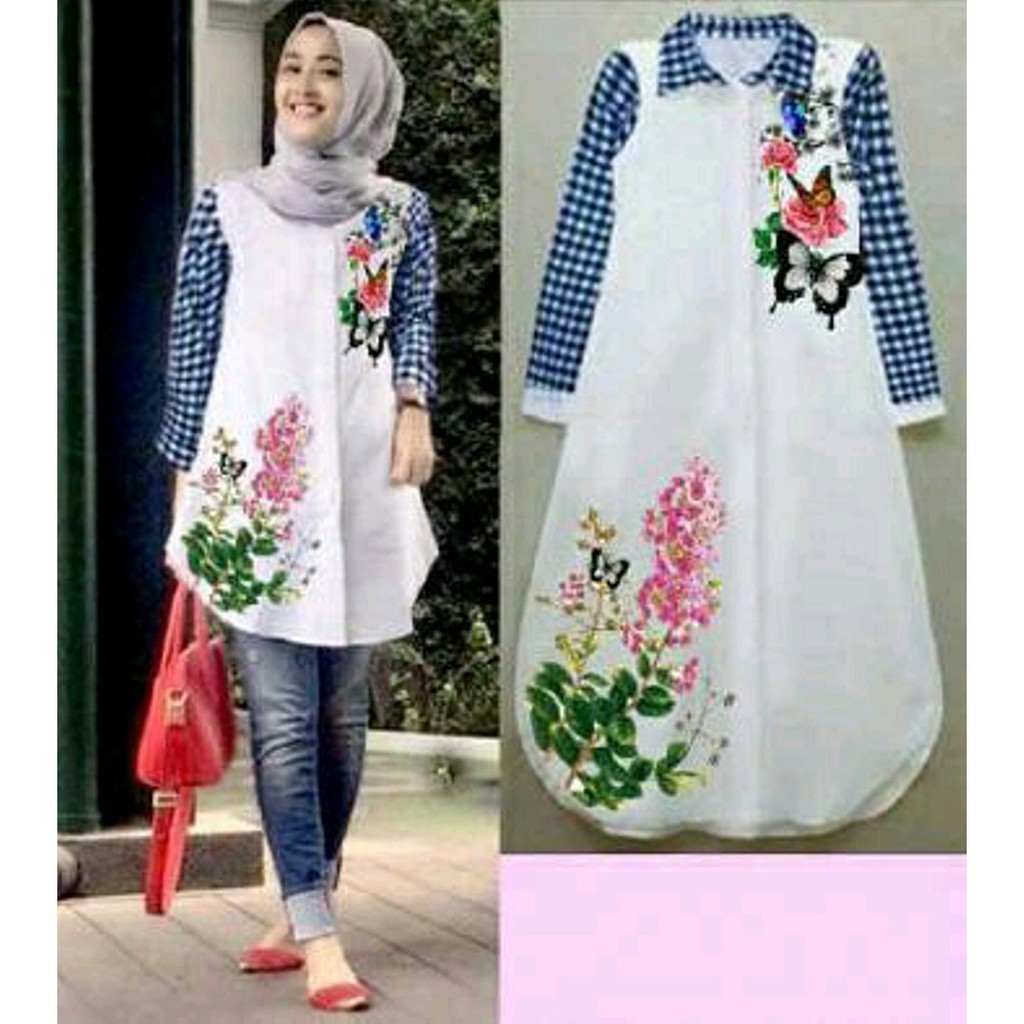 R TUNIK KUPU KUPU BUSANA MUSLIM WANITA MODEL TERBARU TUNIK CANTIK MOTIF KUPU KOTAK BAHAN TWISCONE