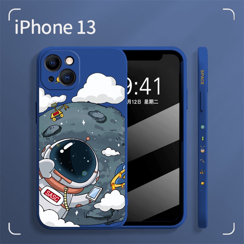 Hand strap + square nase iphone 11 pro max 12 13 pro max cartoon oil painting astronaut case Xs XR 7 8 plus all-inclusive shockproof soft case