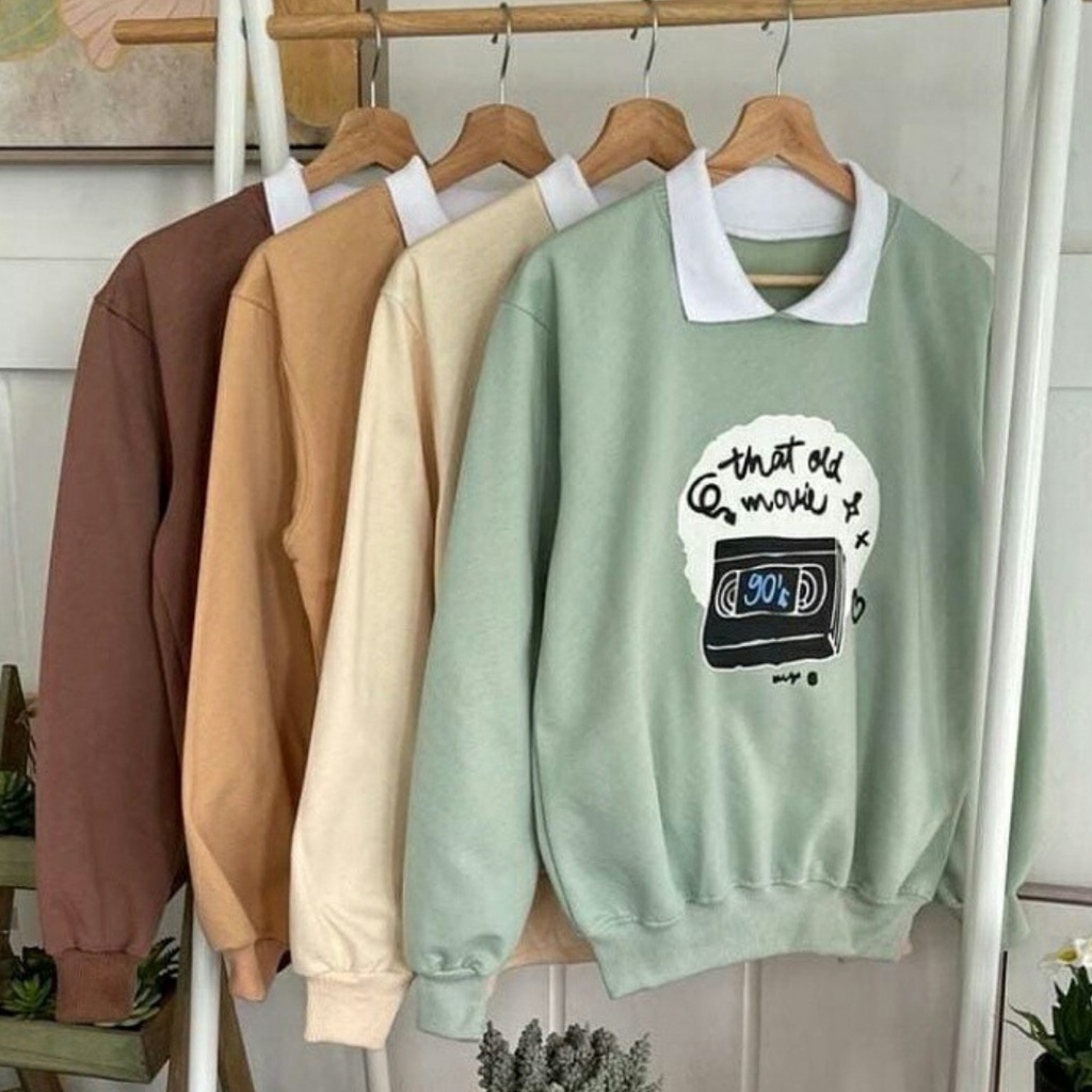 COD - Old Movie Sweater Combi Kerah Premium Fleece Tebal Outerwear Remaja Wanita Korean Style-7