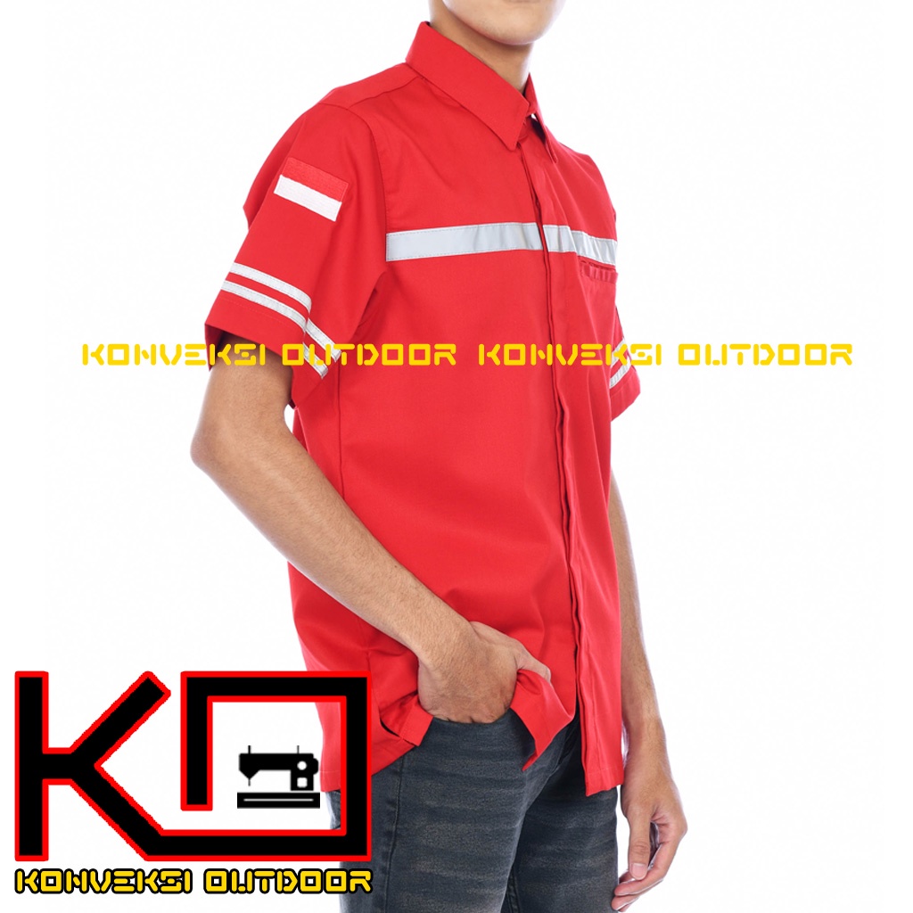 KEMEJA WEARPACK BAJU SAFETY K3 OUTDOOR INDOOR - Seragam Kemeja Kerja Lapangan Lengan Pendek Proyek Bangunan Tambang Alat Berat PLN Enginer Instalasi Mesin werpek sefti Scotlit Warna Merah Konveksi Outdoor