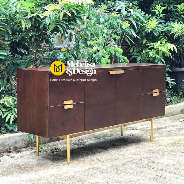 Sideboard Minimalis Kaki Besi, Bufet Laci Industrial Kayu Jati