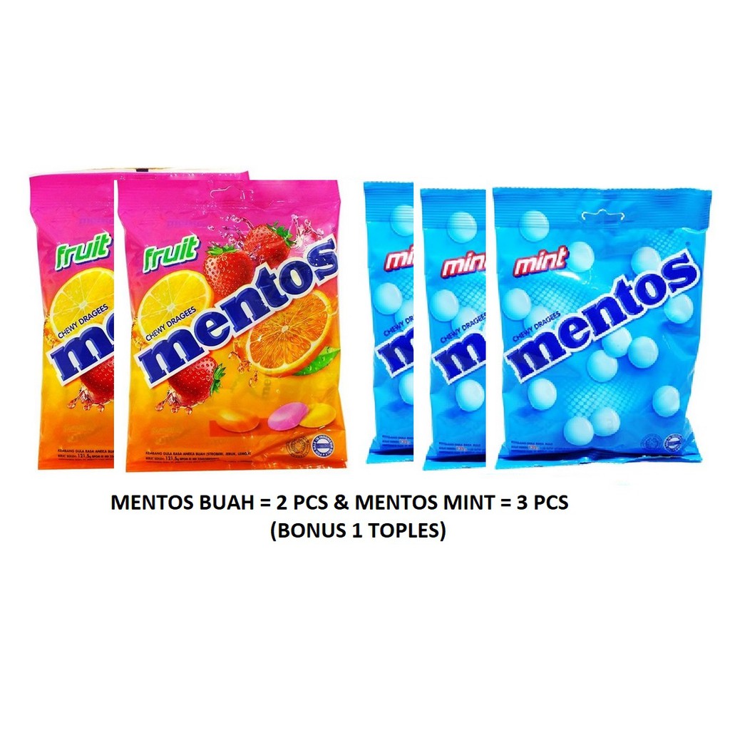 

Mentos Mint Halal & Mentos Buah 40 x 50 ( BONUS TOPLES)