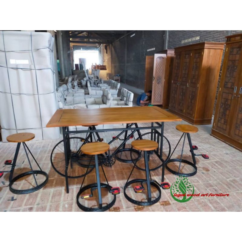 set meja bar industrial vintage jati