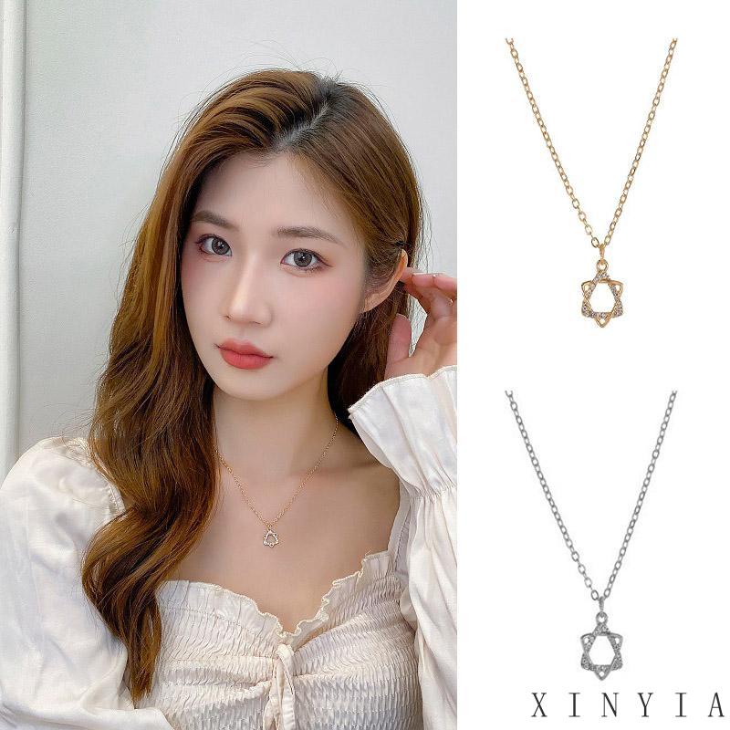 【COD】2023 Niche Kesederhanaan Kalung Liontin Hexagram Bahan Alloy Aksen Berlian Untuk Wanita Kalung Rantai Klavikula Liontin