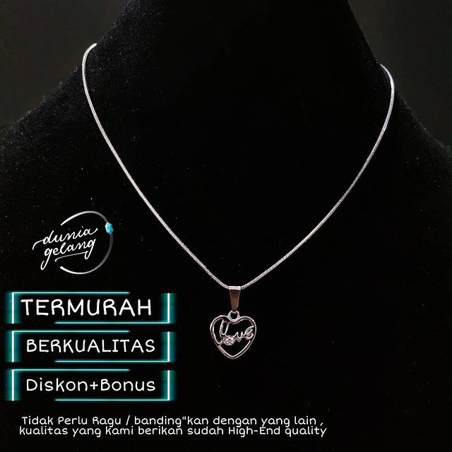 KALUNG TITANIUM HATI TULISAN LOVE HEART PERMATA BERLIAN SILVER SIRKON BERKILAU ANTI KARAT TIDAK LUNTUR TAHAN AIR / KALUNG WANITA PRIA CEWEK COWOK ANAK / DUNIAGELANG.ID