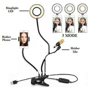 Lazypod 3in1 Ring light  / Ringlight LED Penjepit HP Elastis, Lazypod Jepit Flexible Ring 3 Mode